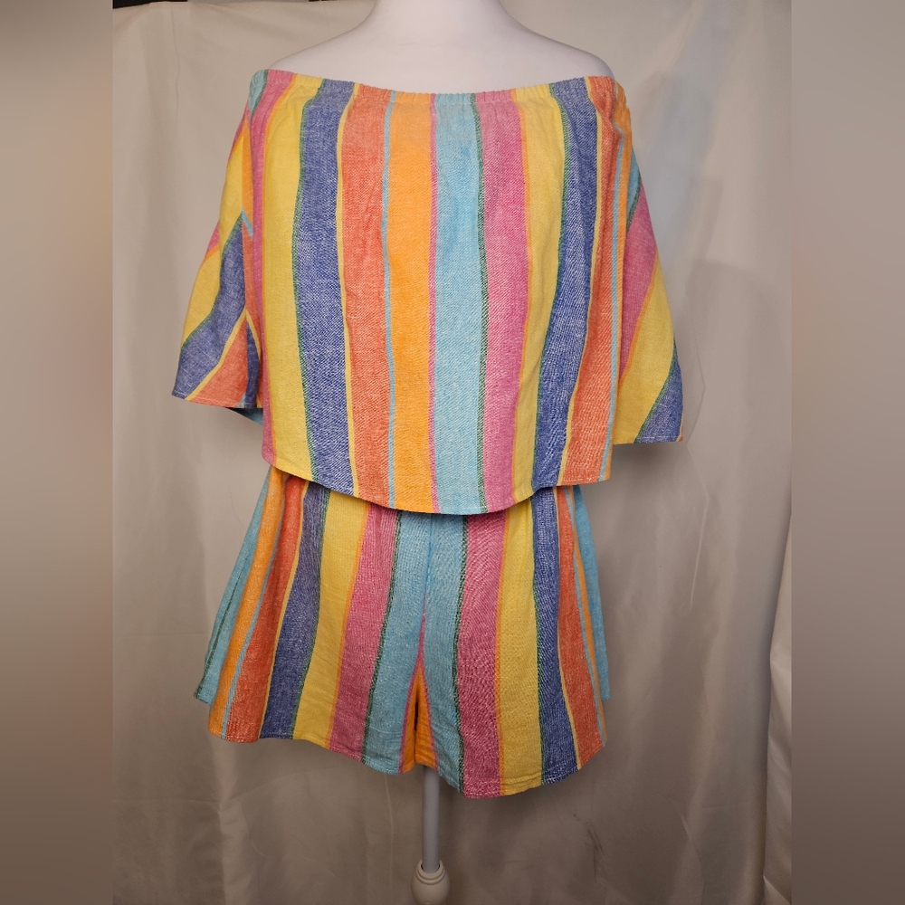 Show Me Your Mumu Rainbow Stripe Off Shoulder Romper Linen Blend Size M